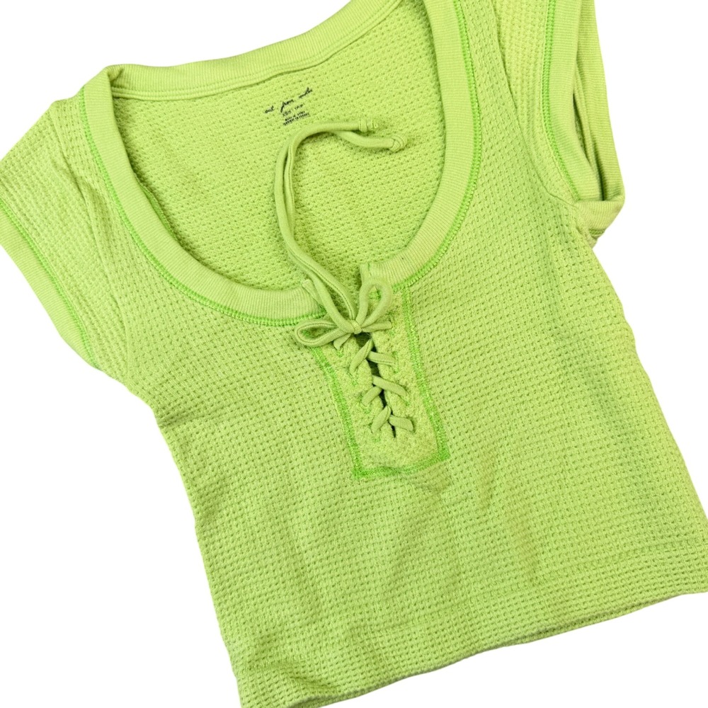 Out From Under Lime Green Waffle Knit Lace Up Crop Top XS/S Short Sleeve Scoop
